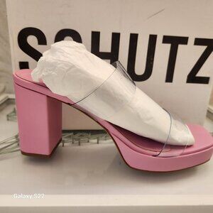 Schutz Women's Ariella Platform Vinyl Heeled Sandals Barbie Pink Size 8 1/2. NIB